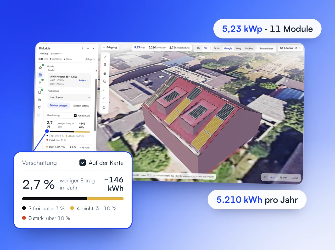 LYNKOS PV-Planer in 3D mit Verschattung je Dachfläche